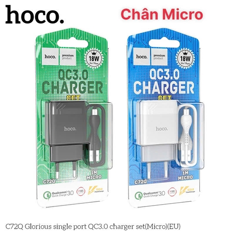 Micro- Bộ sạc nhanh Hoco C72Q 18W, QC3.0 Chuôi cắm Micro, dùng thử 30 ngày, bảo hành chính hãng 12 tháng
