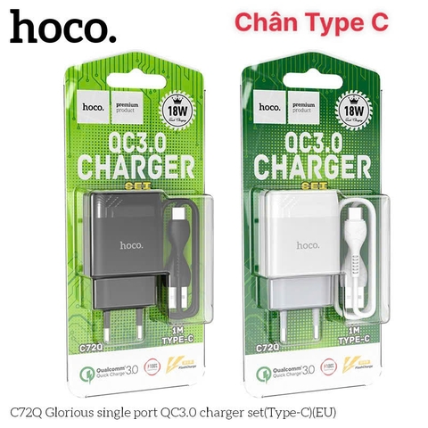 Type C - Bộ sạc nhanh Hoco C72Q 18W, QC3.0 Chuôi cắm Type C, dùng thử 30 ngày, bảo hành chính hãng 12 tháng