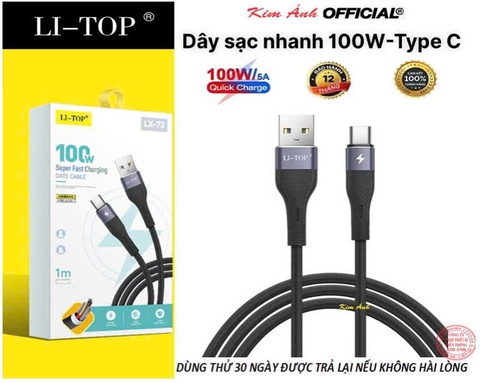 Dây sạc LI-TOP LX73 100W, chân cắm Type C, dây bọc lớp cao su mềm chống rách, đầu lưới SR chống uốn, hàng chính hãng