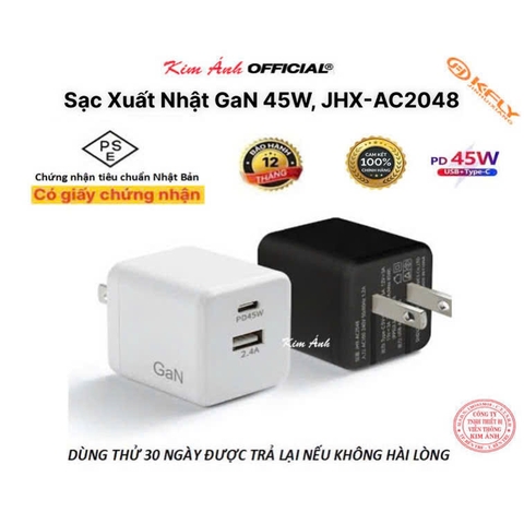 Củ sạc xuất Nhật GaN 45W KFLY ( JHX-AC2048) đạt chứng nhận PSE tiêu chuẩn Nhật Bản, bảo hành chính hãng 12 tháng