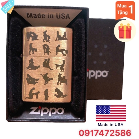 BẬT LỬA ZIPPO MỸ BRUSHED BRASS KHẮC ĂN MÒN CHỦ ĐỀ 30 TƯ THẾ MÀU VÀNG RUỘT VÀNG, HÀNG CHÍNH HÃNG