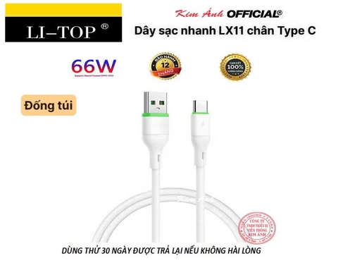 Dây sạc nhanh LI-TOP LX11 chân Type C (Túi) công suất 66W, Kim Ánh cho dùng thử 30 ngày, bảo hành 12 tháng