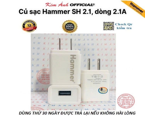 Củ sạc Hammer dòng điện chuẩn 2.1A cổng USB, Check Qr kiểm tra hàng chính hãng bảo hành 12 tháng