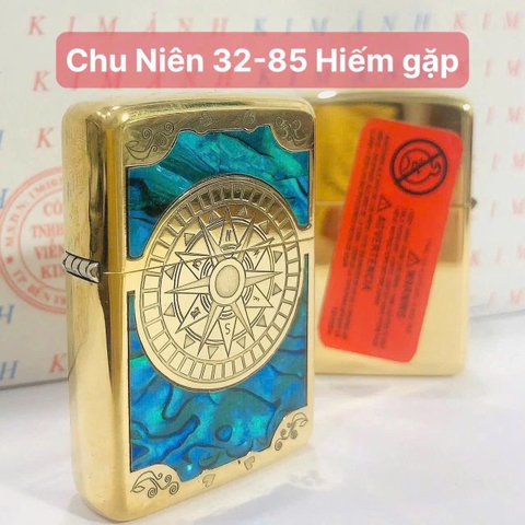 Bật lửa Zippo Chu Niên Brass, khắc chìm cẩn xà cừ mẫu la bàn, vỏ đồng ruột thép không gỉ