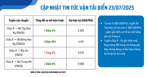 Cập nhật giá cước vận tải biển quốc tế tuần 23/7/2025: Tâm lý thận trọng khi xuất nhập hàng