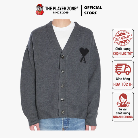Áo Cardigan Ami Paris Heart-Logo Button - Grey