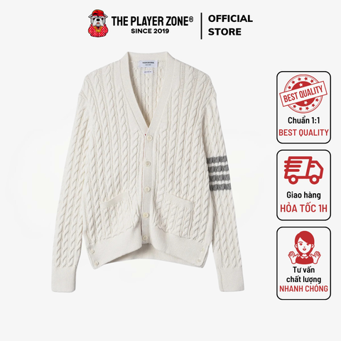 Áo Cardigan Thom Browne Light Grey Cotton 4-Bar Cable Knit V-Neck - Trắng