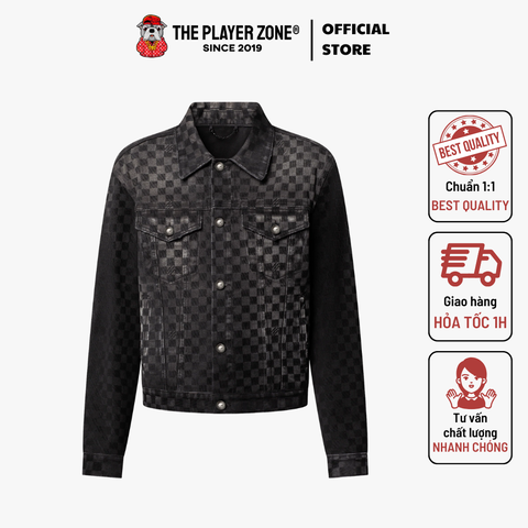 Áo Khoác LV Tracksuit Flocked Damier Denim Trucker Jacket - Đen