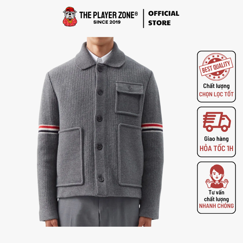 Áo Khoác Thom Browne Tricolour-Stripe Ribbed-Wool Jacket - Xám