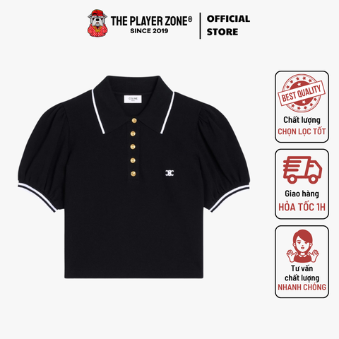 Áo Polo Celine Cropped Triomphe Polo Shirt In Cotton Pique - Black