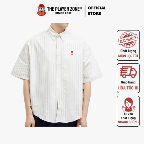 Áo Sơ Mi Ami Paris Boxy Fit Heart Cotton Line Striped Logo - Sọc Xanh
