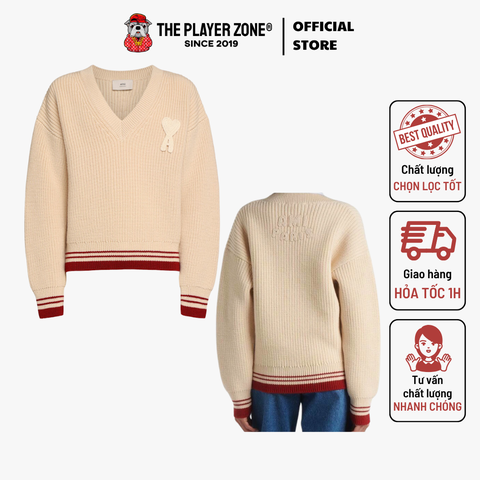 Áo Sweater Ami Paris Navy Wool Ribbed V Neck - Be