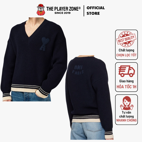 Áo Sweater Ami Paris Navy Wool Ribbed V Neck - Navy
