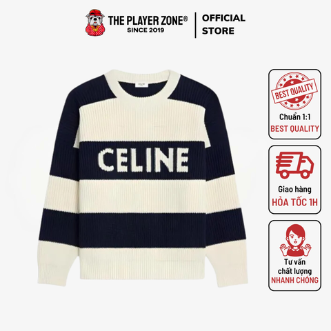 Áo Sweater Celine Logo Intarsia Striped Knit Jumper - Navy/Cream