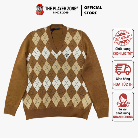 Áo Sweater PRADA Argyle-Pattern Brand-Embroidered Wool Jumper - Nâu