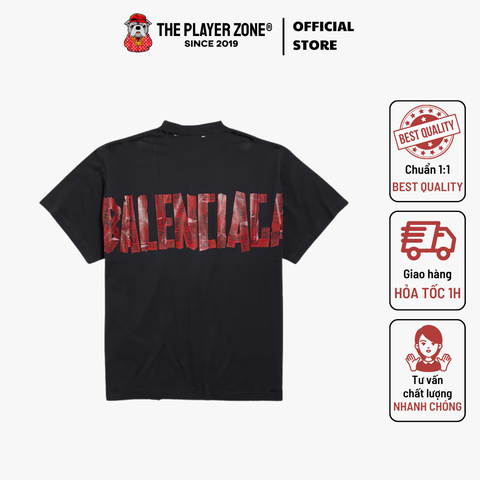 Áo Thun Balenciaga Men's Security Tape Logo T-shirt Oversized in Black Faded/red - Đen