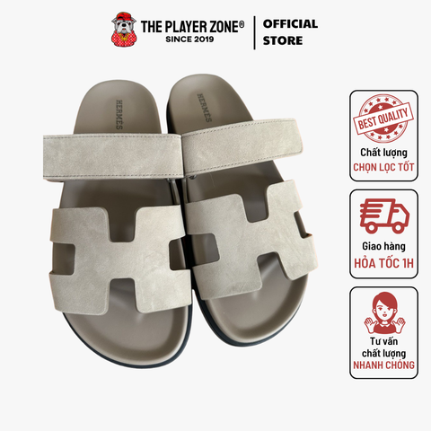 Dép Hermes Sandal Chypre Bleu Céleste Goatskin Da Lộn - Đế Beige - Beige