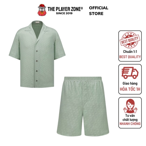 Set Sơ mi + Quần Short Dior Oblique Short-Sleeved Shirt Green Silk and Cotton Jacquard - Green