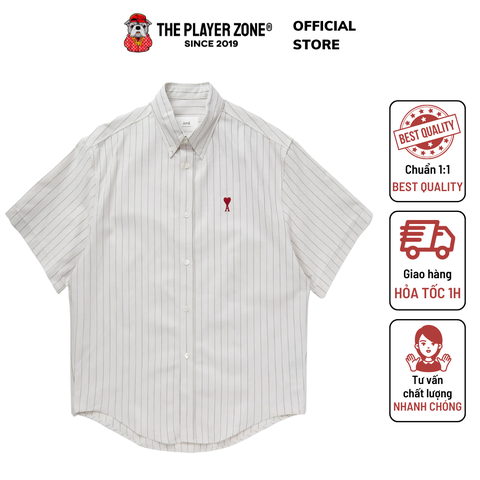 Sơ mi Ami Paris Boxy Fit Heart Cotton Line Striped Logo - Trắng