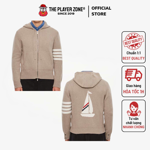 Áo Hoodie Zip TB Merino Jersey Sail Boat Intarsia 4 Bar - Brown