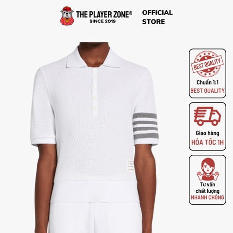 Áo Polo Thom Browne Waffle Four Stripes Short Sleeve - Trắng