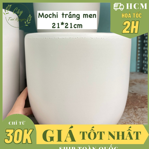 [CHỈ GIAO HOẢ TỐC] CHẬU MOCHI TRÁNG MEN TRẮNG 21*21cm (1 chậu), tráng men, chậu cây trong nhà, bền đẹp, Cây Tươi Nguyên