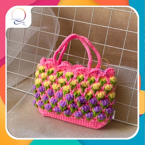 CROCHET BAGS - TULIP FLOWER BAG-dark pink