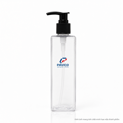 Chai nhựa PET vuông trong suốt 200ml cổ 24mm gắn vòi pump đen Pavico