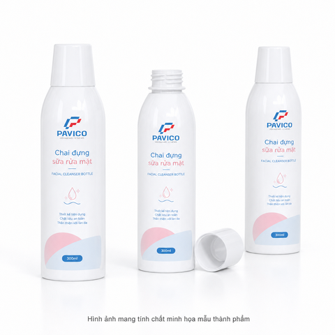 Chai đựng sữa rửa mặt 300ml và chi tiết cổ chai mở nắp