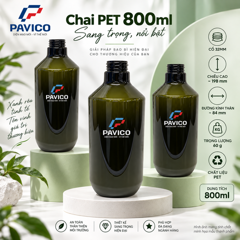 Bộ chai PET xanh rêu 800ml cổ 32mm dành cho bao bì mỹ phẩm Pavico