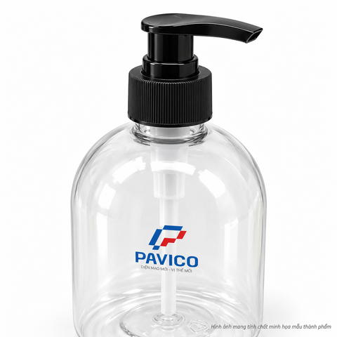 Chi tiết chai PET 520ml trong suốt với đầu bơm đen Pavico