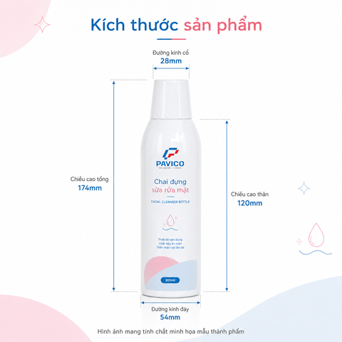 Kích thước chai đựng sữa rửa mặt 300ml cổ 28mm