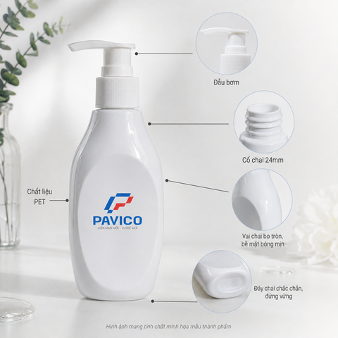 Chi tiết chai nhựa PET 220ml gồm vòi bơm cổ chai 24mm vai bo tròn và đáy chai