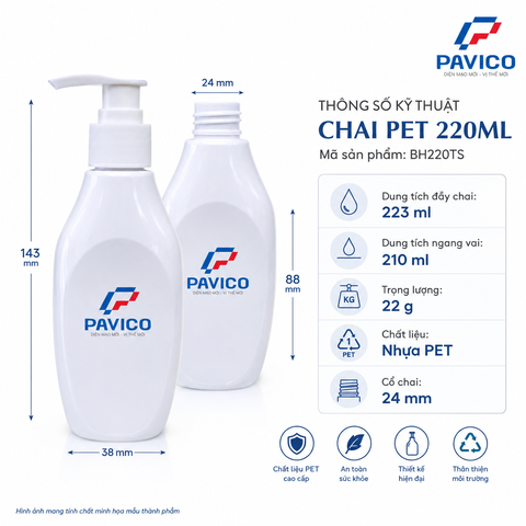 Thông số chai PET trắng sứ 220ml dung tích đầy 223ml trọng lượng 22g cổ chai 24mm