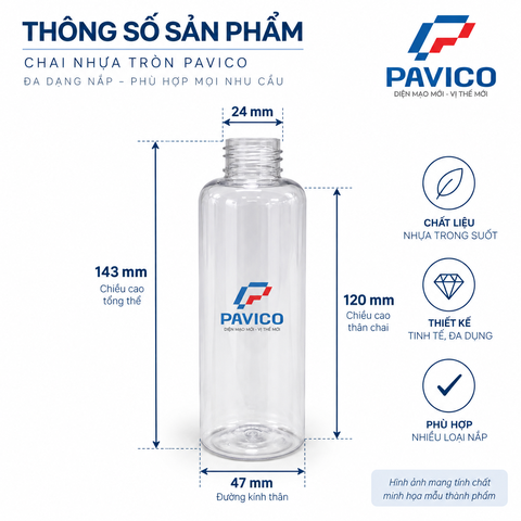 Thông số chai nhựa 200ml PET trong suốt vai tròn cổ 24mm Pavico