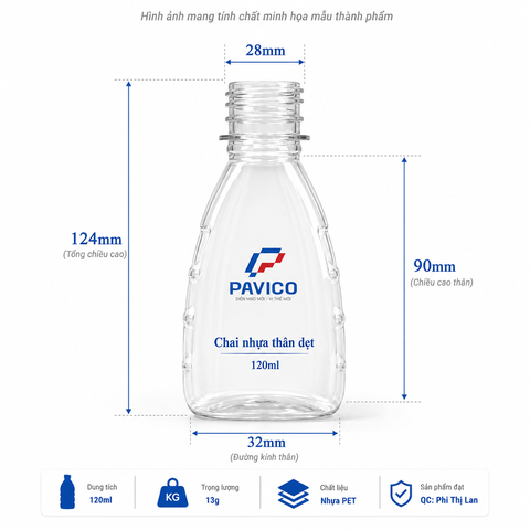 Kích thước chai nhựa thân dẹt 120ml cổ 28mm