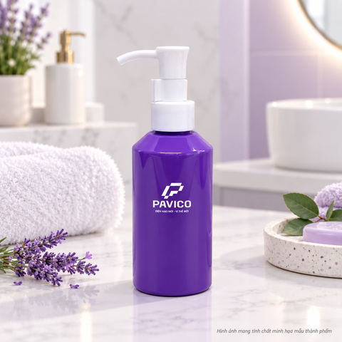 Chai PET 150ml màu tím AK150NA2 vòi nhấn trắng Pavico trong không gian phòng tắm