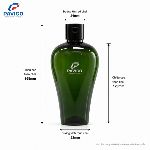Kích thước vỏ chai dầu gội đầu PET 300ml cao 165mm cổ chai 24mm