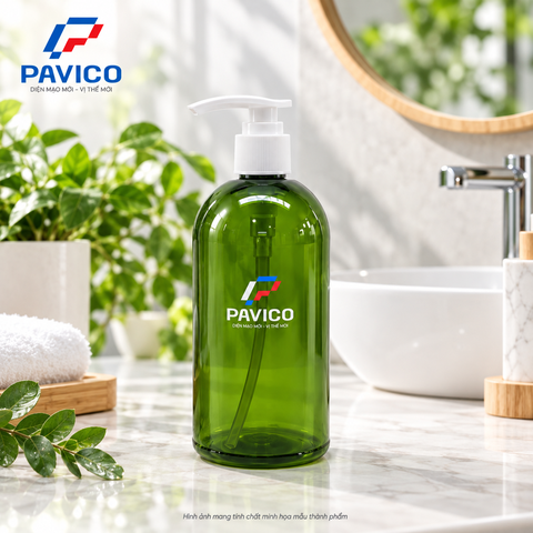 Chai sữa tắm PET 500ml màu xanh lá vòi nhấn trắng Pavico