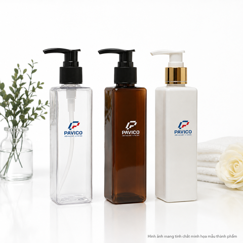 Chai nhựa PET vuông 200ml cổ 24mm đựng sữa tắm cao cấp
