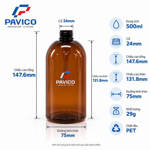 Kích thước chai dầu gội PET 500ml cổ 24mm cao 147,6mm đường kính 75mm