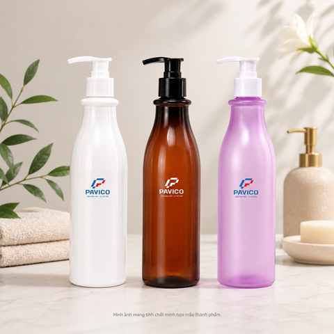 Bộ mẫu chai dầu gội đẹp 500ml màu trắng, hổ phách và tím phun mờ Pavico