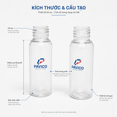 Cấu tạo lọ chiết mỹ phẩm Pavico với cổ ren và thân trong suốt