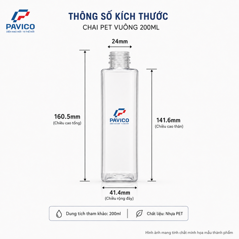 Kích thước chai nhựa PET vuông 200ml cổ 24mm cao 160.5mm, thân cao 141.6mm, rộng 41.4mm