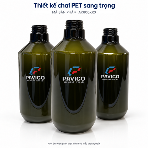 Bộ ba chai PET xanh rêu 800ml vai vát Pavico trên nền trắng