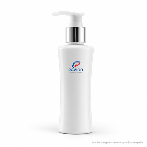 Chai nhựa đựng sữa tắm PET trắng sứ 100ml dáng eo kết hợp vòi bơm bạc
