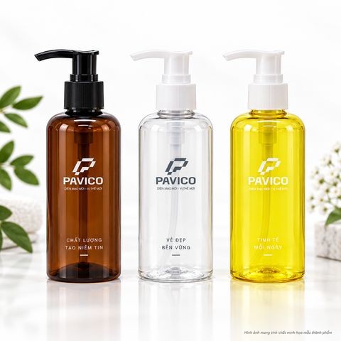 Bộ chai mỹ phẩm PET 150ml màu nâu, trong suốt và vàng cổ 24mm vòi pump Pavico