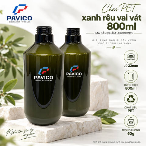 Chai nhựa PET xanh rêu 800ml vai vát dùng cho bao bì mỹ phẩm Pavico
