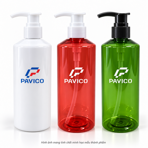 Chai mỹ phẩm PET 300ml trắng sứ đỏ xanh lá với nhiều loại vòi nhấn Pavico