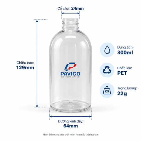 Chai PET 300ml cổ 24mm cao 129mm đường kính đáy 64mm Pavico